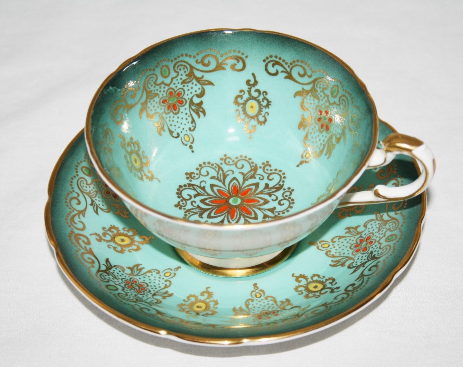 Lovely Teal Green Border with Floral Center Grosvenor Tea Cup and Saucer Set 