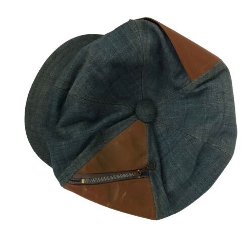 1970s Denim Newsie Hat / 70s Leather Denim Patchwork Pimp Cap / Soul