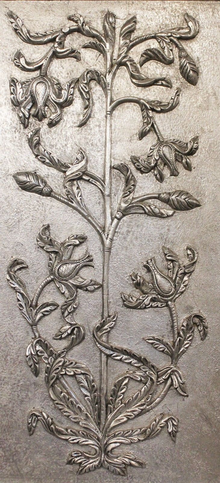 Wall Panel Embossed Flower Leaf Hand Worked White Metal Decor Art