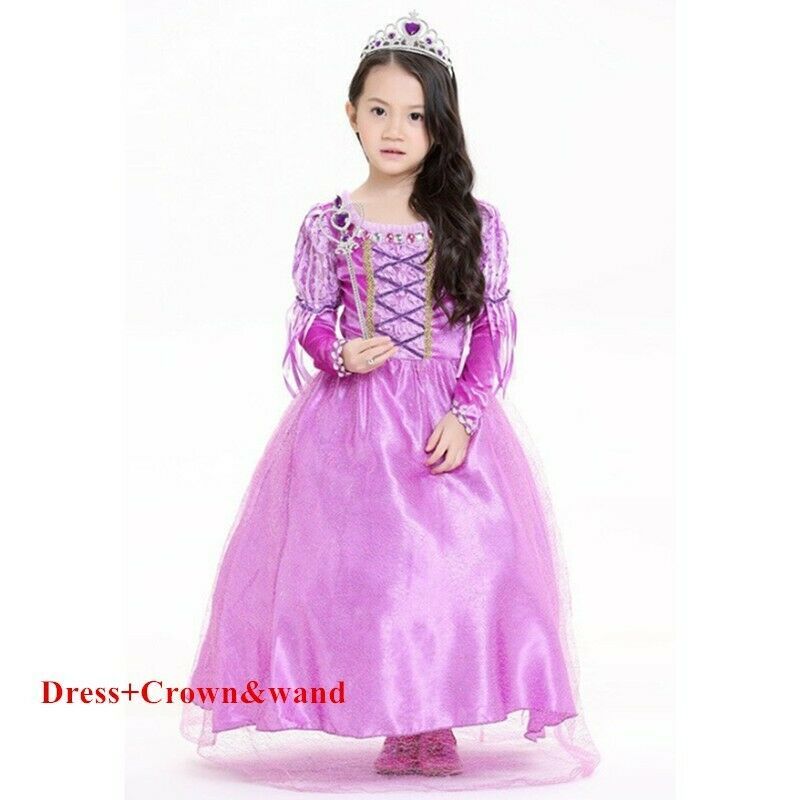 Princess Rapunzel Costume Dress Ball Gown For Girls With Crown And Wand 3-10T