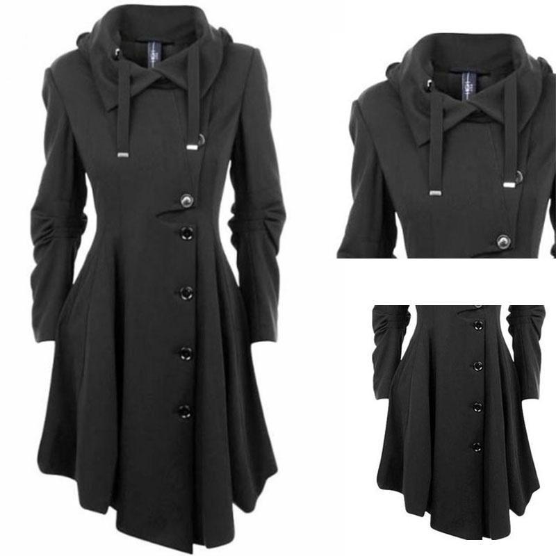 Image of Asymmetric Black Coat Stand Collar Long Sleeve Women Overcoat Elegant Single bre