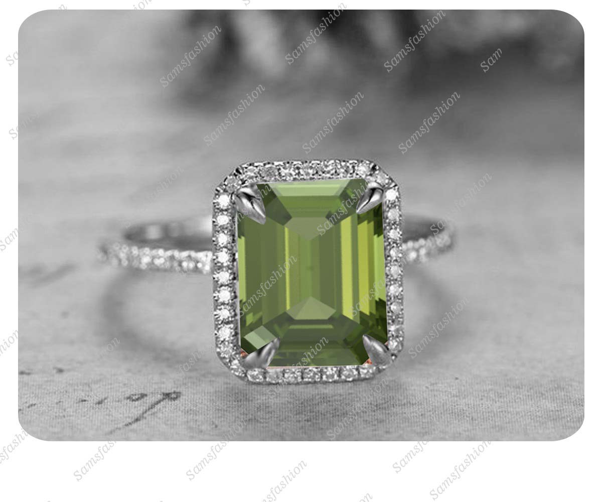 8x10mm Emerald Cut Green Tourmaline 14k White Gold Over 925 Silver Wedding Ring