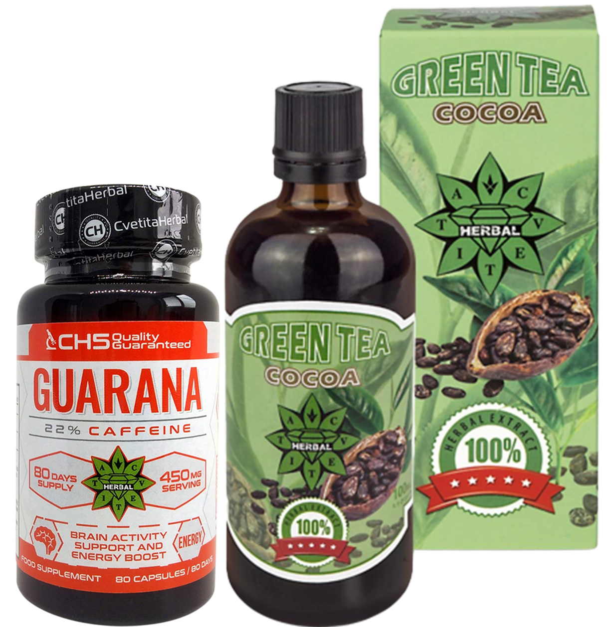 80 Capsules Guarana 30 Tablets + Green Tea Liquid Cocoa Weight Loss ...