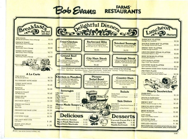 Bob Evans Farm's Restaurants Menu 1982 Menus