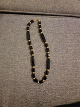 TRIFARI 18&quot; Necklace Black Lucite Beads Gold Tone Spacers Stiff Signed VTG - $11.88