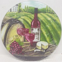 Glass Cutting BOARD/TRIVET,ROUND,8",WINE Bottle& Glasses,Barrel,Cheese&Grapes,Gr - $12.86