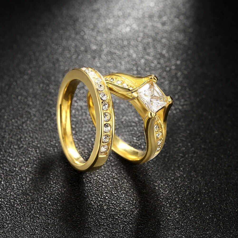 1.25 Ct Princess Cut AAA CZ 14k Gold Plated Wedding Ring Set Women's Size 5-10