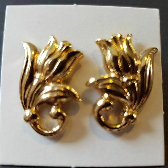 Primary image for Avon Spring Tulip Earrings Goldtone Surgical Steel Posts Vintage 1990 New in Box