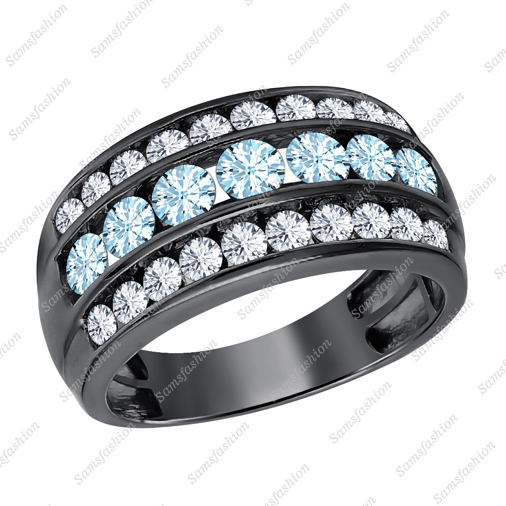 Three Row Wedding Men's Band Ring Aquamarine & Diamond 14K Black Gp 925 Silver