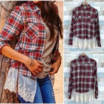 Altar&#39;d State Lace Hem Flannel Tunic Shirt Red Plaid Cozy Casual Womens ... - $29.69