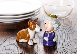 Queen and Corgi Salt Pepper Shaker Set Ceramic 3.5" High Royalty Collectible image 3