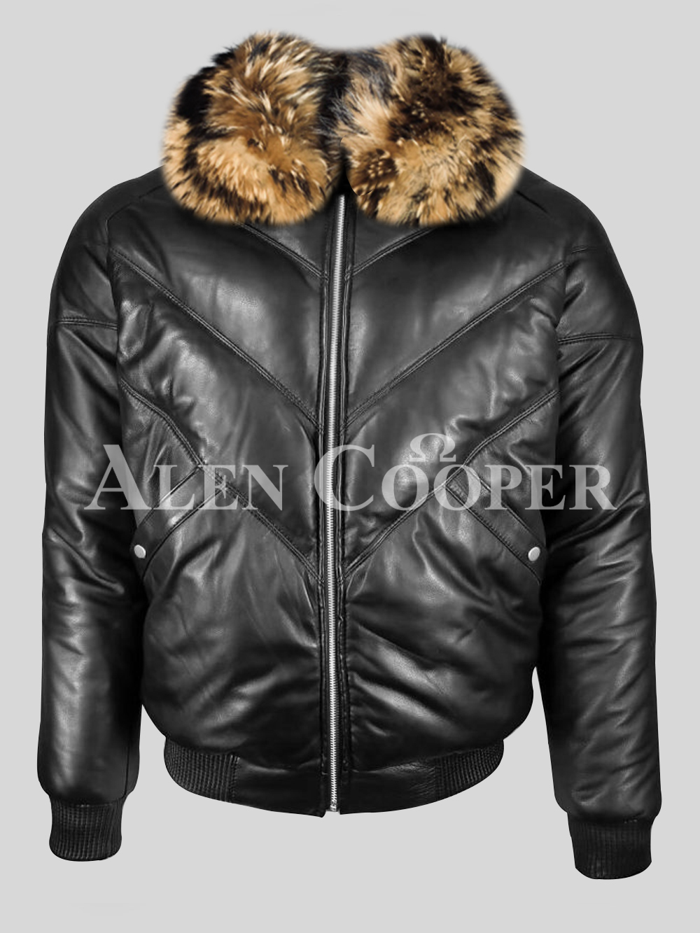 MEN S SUPER WARM VINTAGE V BOMBER JACKET  WITH REAL FUR 