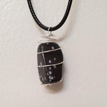 Snowflake Obsidian Necklace, Black Polished Stone Pendant, Wire Wrapped Jewelry image 4