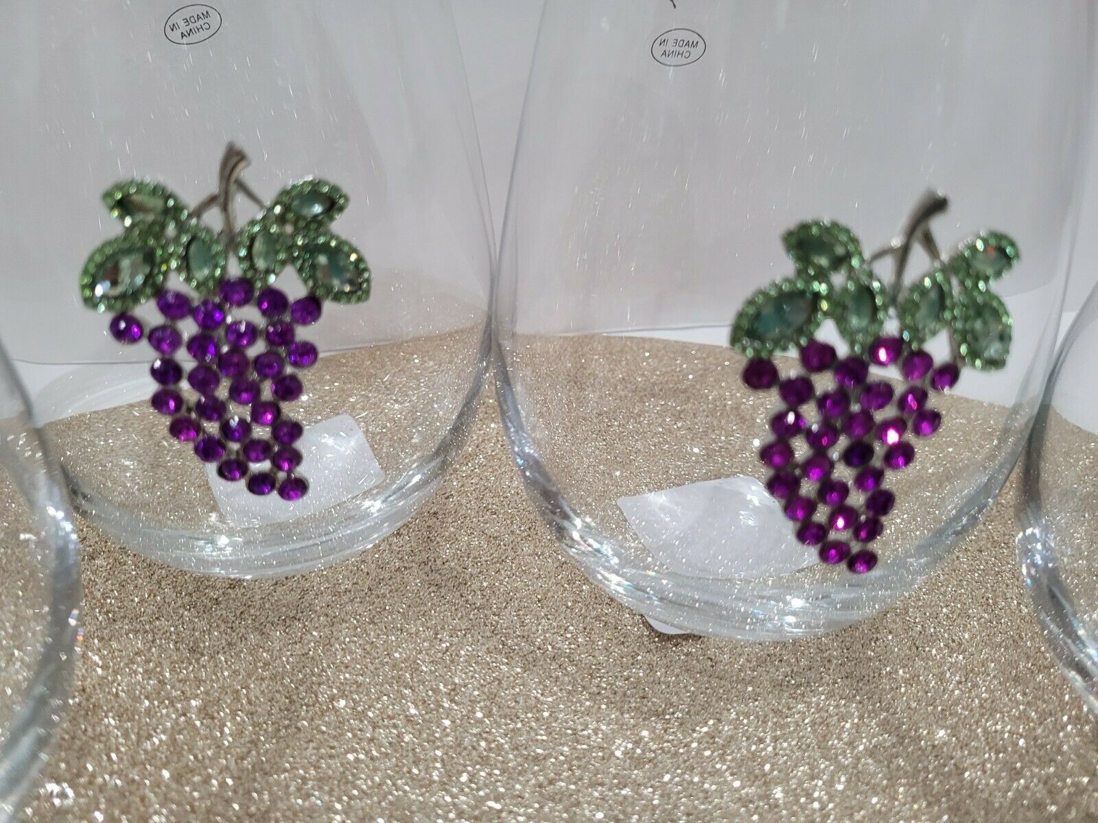 Rachel Zoe Jeweled Rhinestone Grapes Stemless Wine Glasses Home Decor
