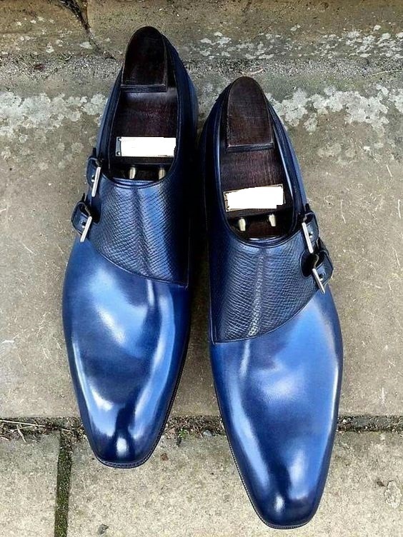 Handmade Blue Leather Monk Shoes Men Blue Double Monk Genuine Leather ...
