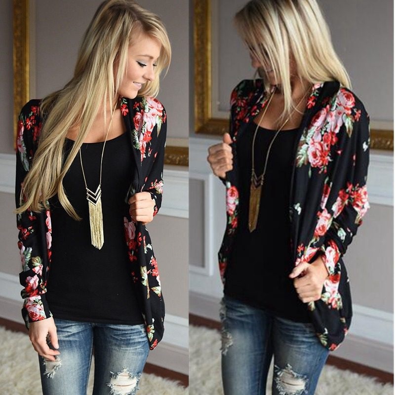 Image of Basic Coats Loose Outerwear Tops Women Kimono Floral Long Sleeve Cardigan Navy