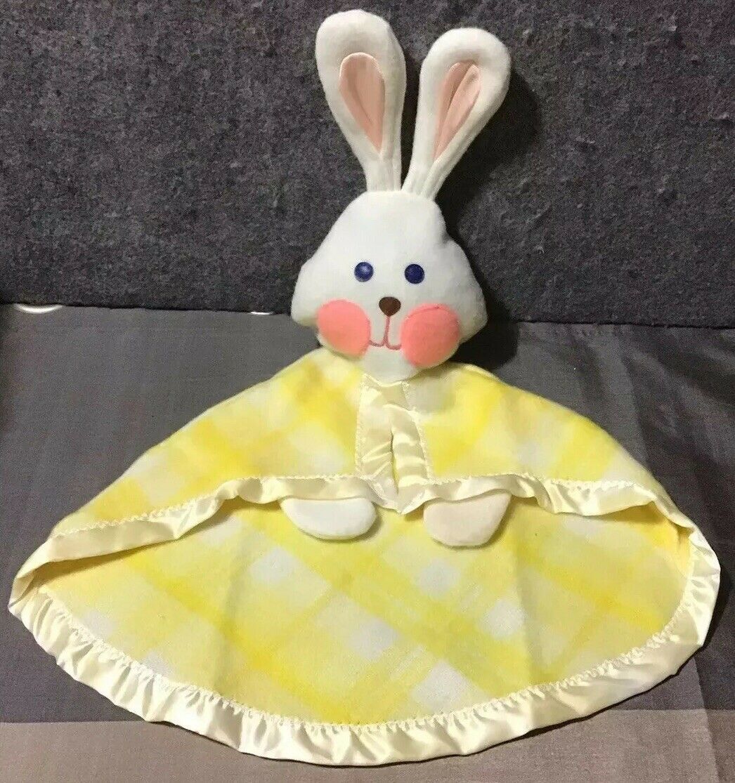Vintage 1979 Fisher Price Yellow Plaid Bunny Rabbit Baby Blanket Rare