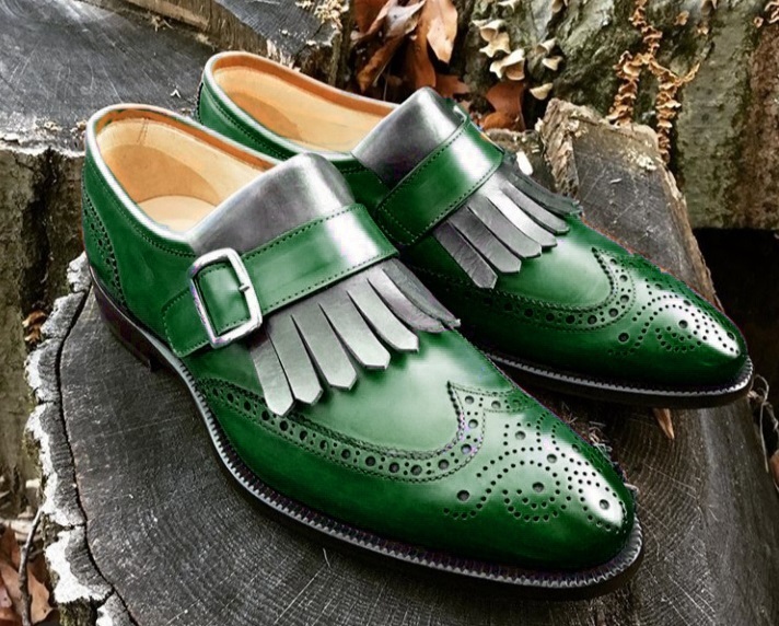 Two Tone Monk Shoes Green Gray Flap Fringe Full Brogue Premium Quality Leather