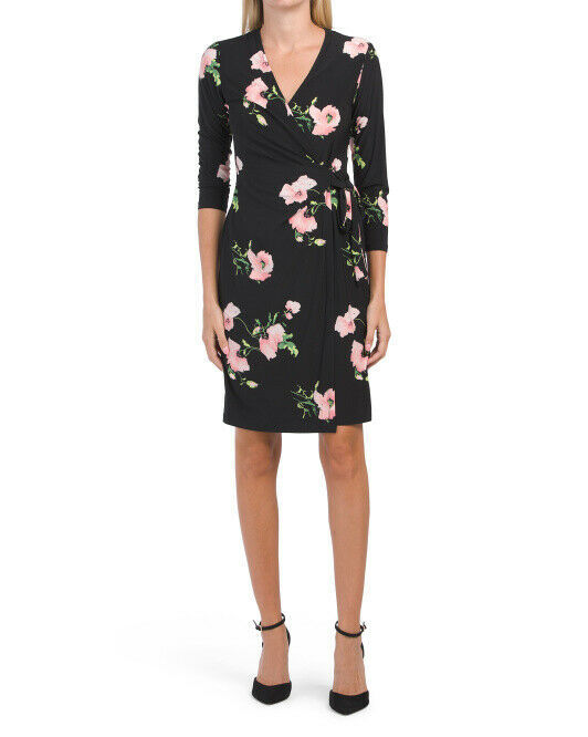 Primary image for NEW ANNE KLEIN BLACK FLORAL FAUX WRAP BELTED SHEATH DRESS SIZE  12 14  16
