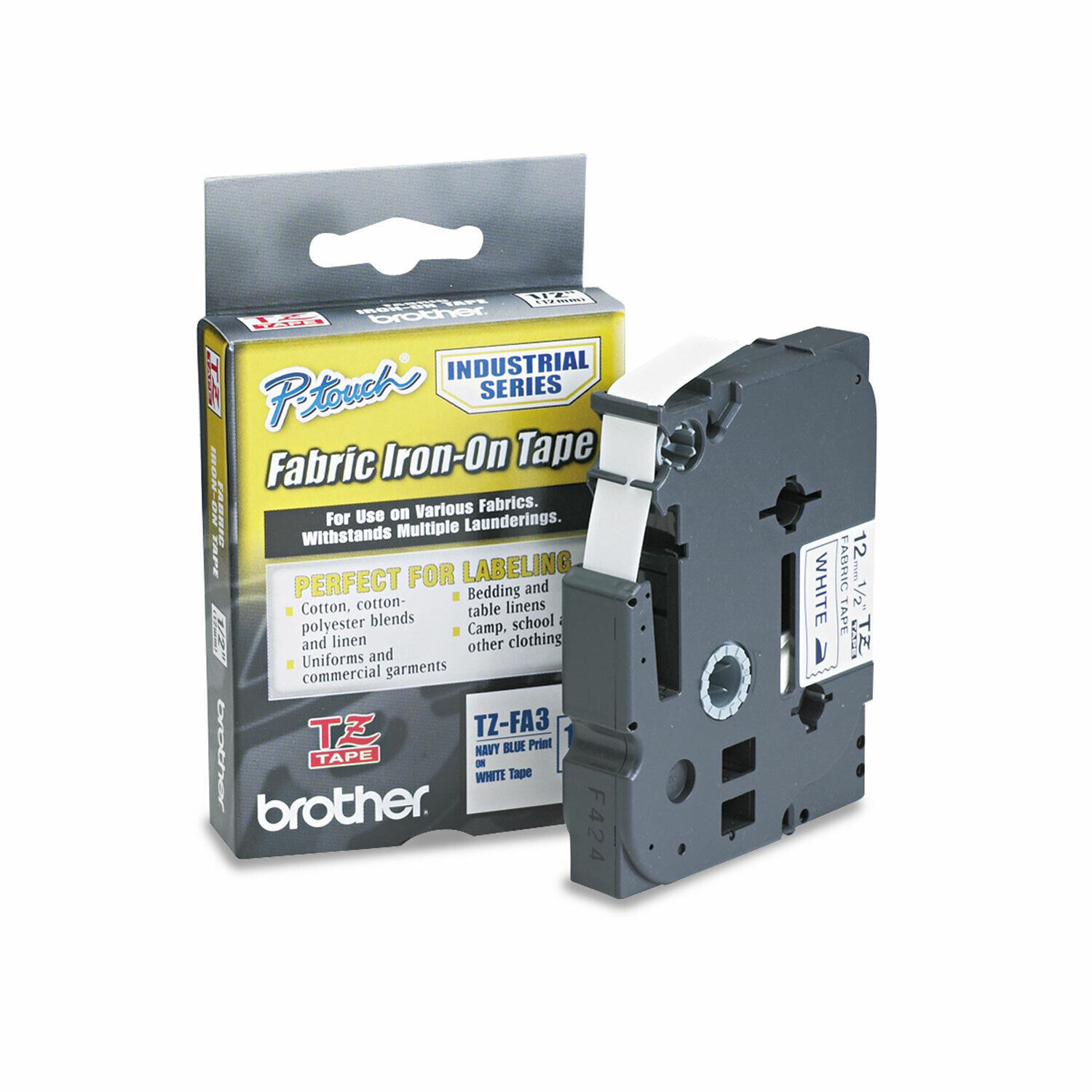 Brother TZ Industrial Series Fabric Iron-On Tape Navy-on-White 1/2 x 9.8ft