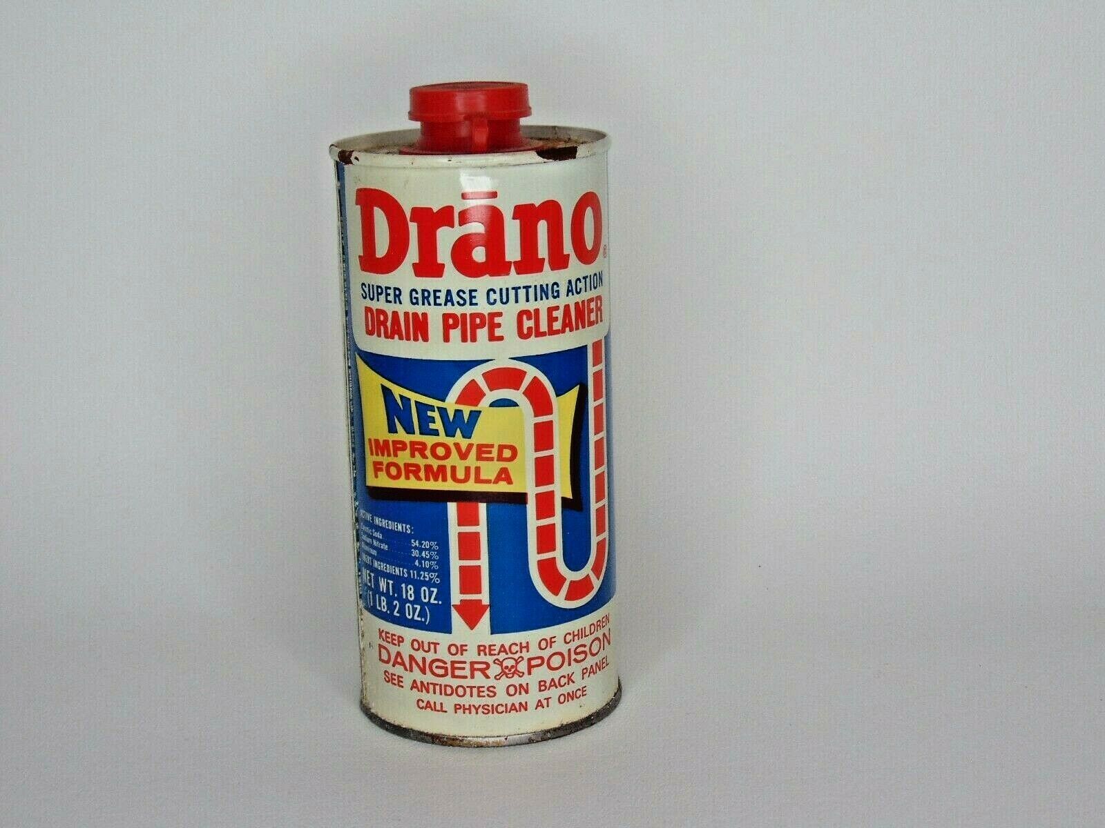 Vintage Drano tin can FULL 6.25" tall dated 1966 on back CR2 Tins