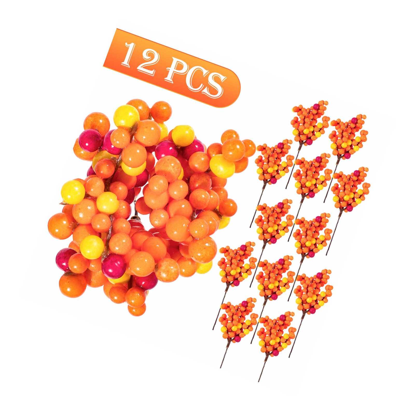 Orange Berry Twig Stem, 12 Pack Artificial Orange Berry Picks For Autumn Fall
