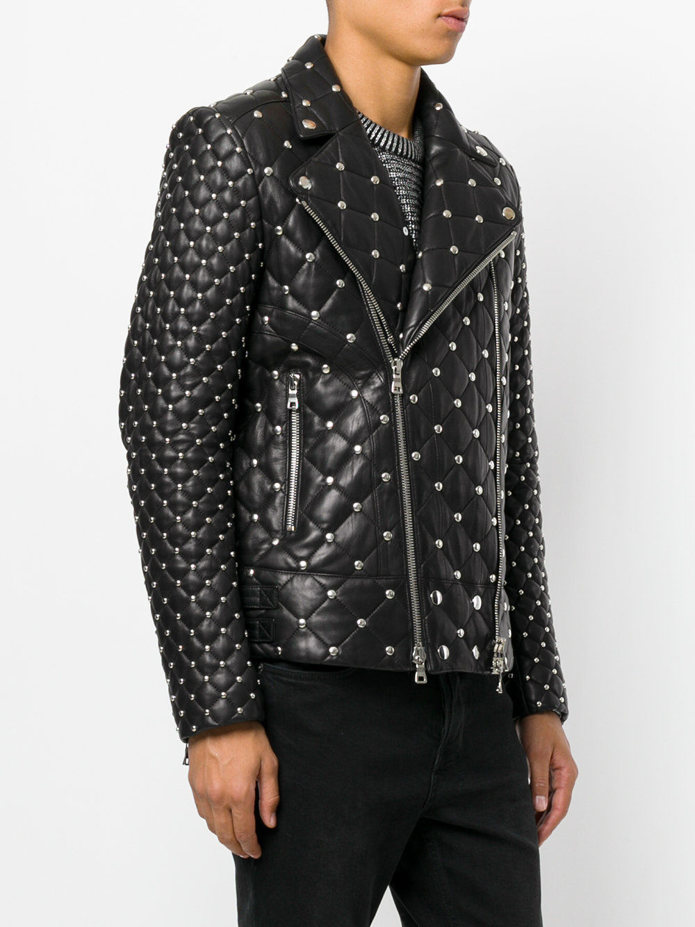 MEN HANDMADE FASHION FULL BLACK QUILTED AND STUDDED LEATHER JACKET SILVER STUDS
