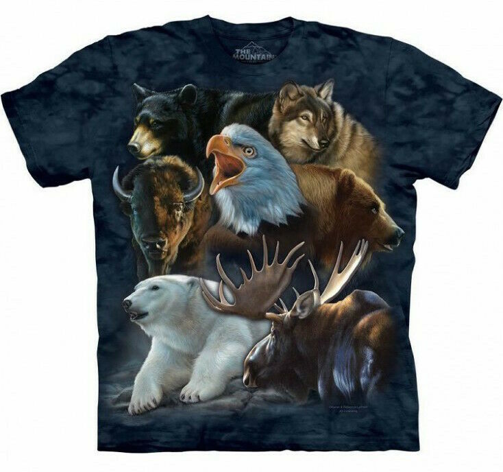 The Mountain Wild Alaskan Collage Eagle Bear Bison Wolf Blue Animal T-Shirt S-5X