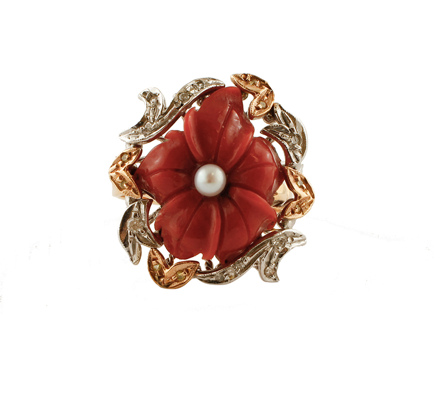 Primary image for Coral flower, Diamonds, Pearl, Rose and White Gold Retro Ring