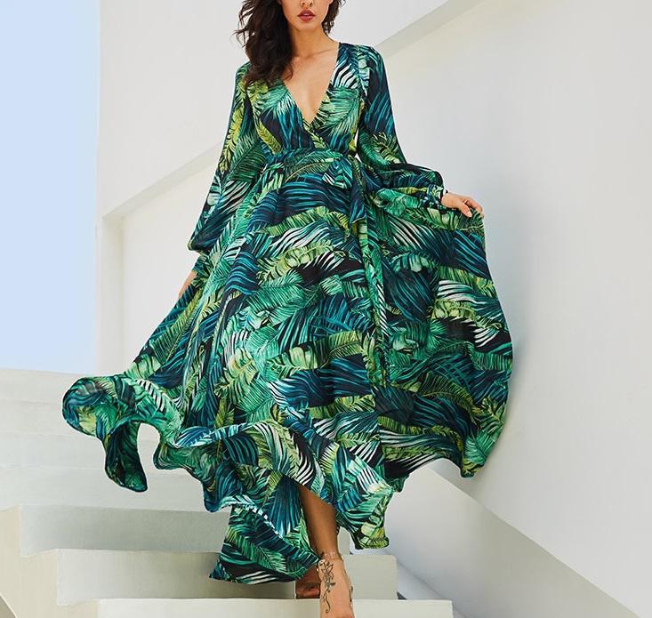 Long Sleeve Dress Green Tropical Beach Vintage Maxi Dresses Boho Casual V Neck
