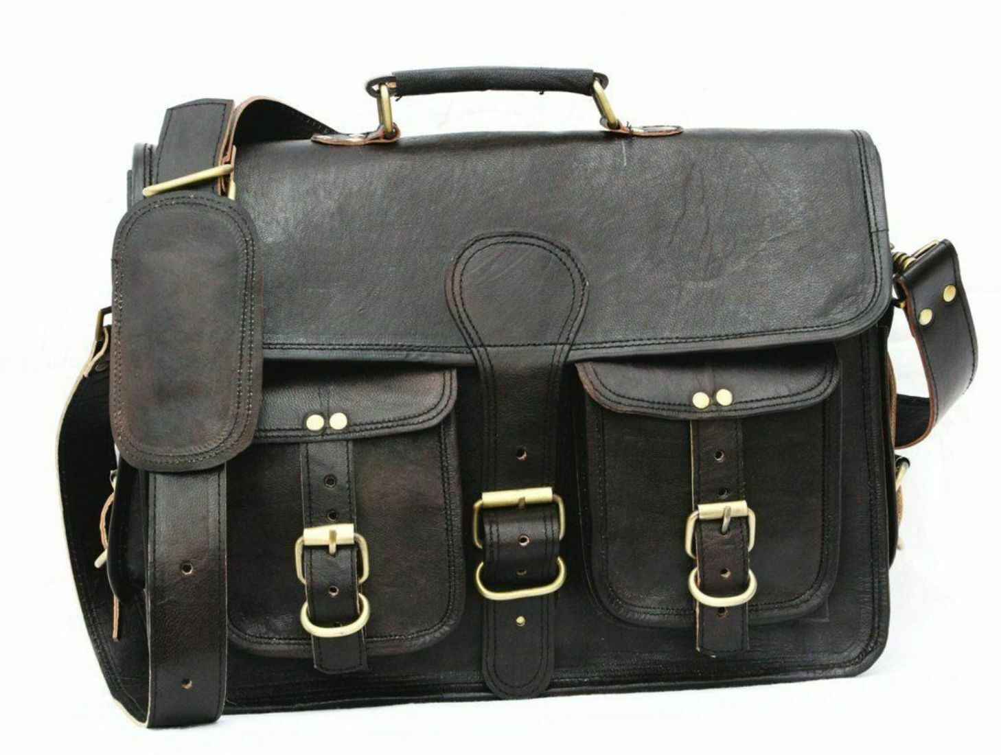 Unisex Large Black Leather Messenger Bag Cross-body bag Office Briefcase Bag - Bags