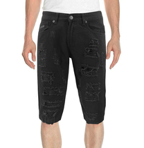 Men's Slim Cotton Blend Denim Ripped Distressed Tapered Black Jean Shorts image 5