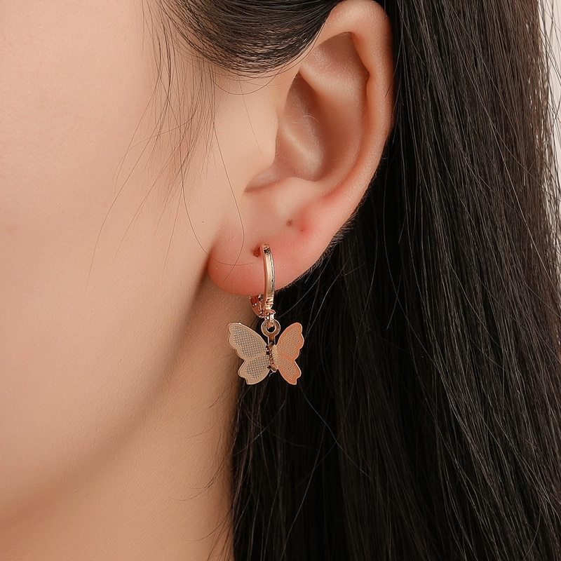 kpop cute fashion stud earrings, trendy gold womens hoop frosted butterfly earri