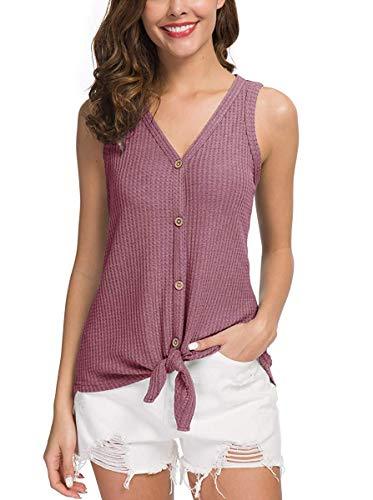 DLDY Womens Waffle Knit Tank Tops Tie Knot Button Down Loose Fit Tunic ...