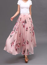 Women Pink FLORAL Chiffon Long Skirt A-line Flower Long Chiffon Skirt Summer  image 9