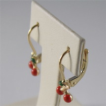 SOLID 18K YELLOW GOLD PENDANT EARRINGS WITH CHERRY, LEVERBACK, MADE IN ITALY image 2