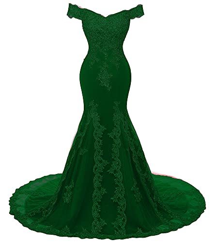 Off Shoulder Mermaid Long Lace Beaded Prom Dress Corset Evening Gowns Emerald Gr