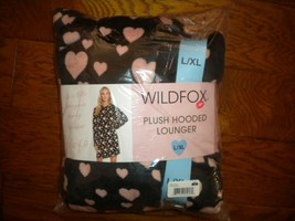 Wildfox Size L/XL Black Pink Hearts Women&#39;s Plush Hooded Lounger Pajama NWT - $22.49