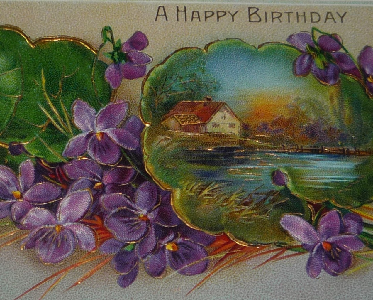 Primary image for Purple Violets With Scenic Vignette Antique GEL & Gold Gilt Birthday Postcard