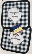 2 Same Printed Kitchen Pot Holders(7&quot;x7&#39;) FAMILY IS EVERYTHING, black &amp; ... - $7.91