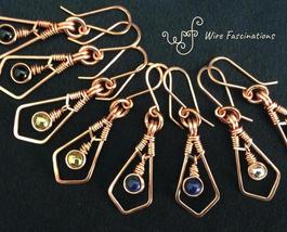 Handmade copper earrings: long diamond framed dangling wire wrapped round beads - $29.00