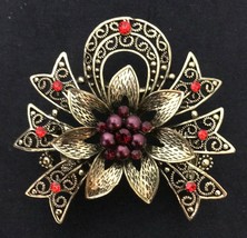 Gorgeous Vintage Scarf Clip with Red Stones Approx 3&quot; x 3&quot; GB Maker&#39;s Mark - $28.14