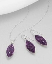Purple Crystals Diamond Shaped Earrings Necklace Set Sterling Silver - $24.99