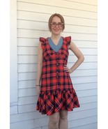 Plaid Mod Mini Dress 60s Red Ruffle Heart Buttons Wool Blend Vintage S - $48.00