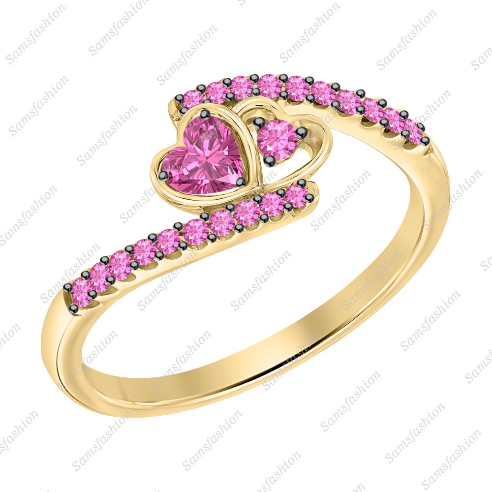 Heart Cut Pink Sapphire 14k Yellow Gold 925 Silver Double Heart Engagement Ring