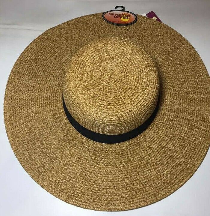 Women's Crushable Packable Wide Brim Paper Black Band Floppy Hat SPF50 Beach