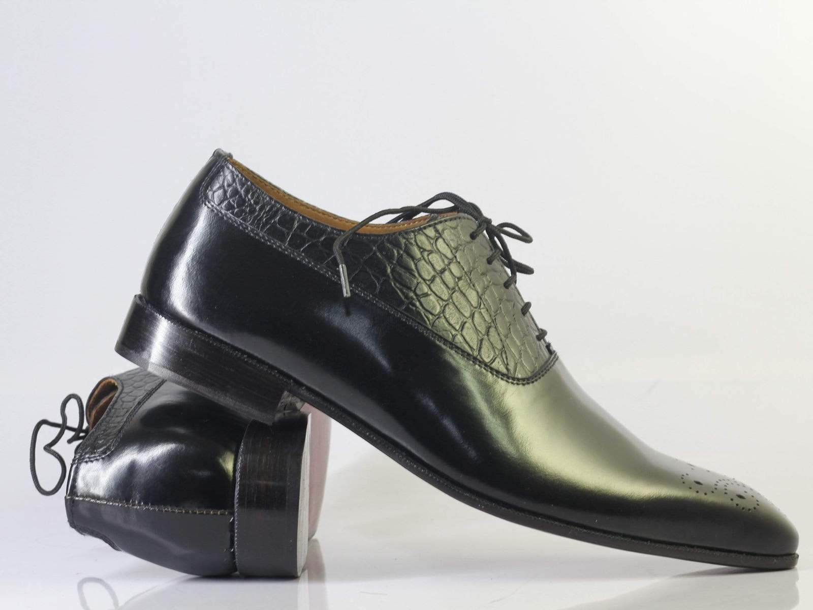 Bespoke Black Brogue Toe Crocodile Texture Leather Shoes Men's - Dress ...