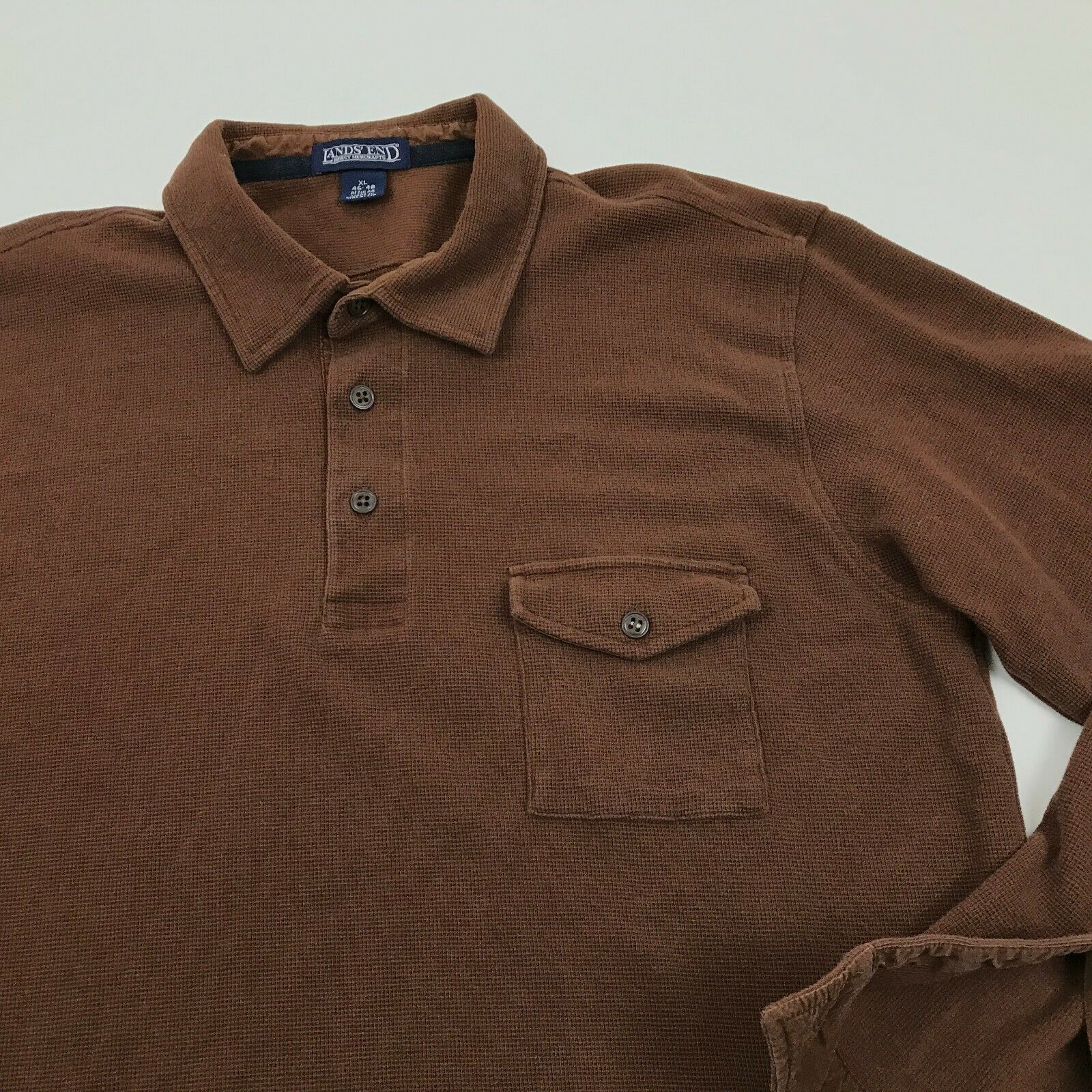 Lands' End Long Sleeve Polo Size XL Extra L Large Brown Waffle Mens ...