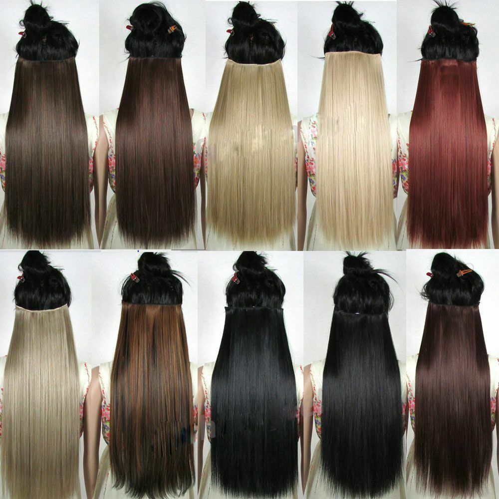 Clip in Hair Extension Black Brown Natural Look Straight Long Synthetic