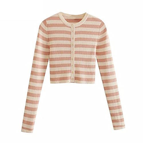O Neck Striped Print Short Knitted Sweater Coat Female Chic Long Sleeve Cardigan